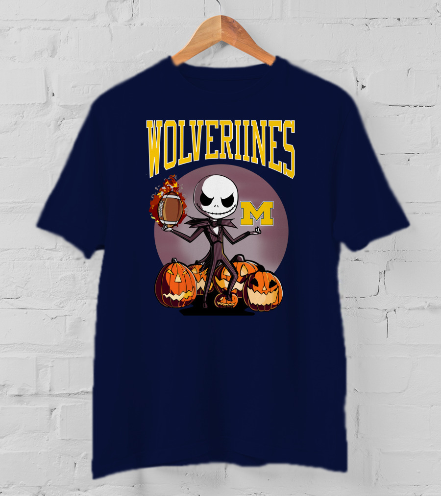 Michigan Wolverines Halloween Jack Skellington Football Pumpkins T-Shirt