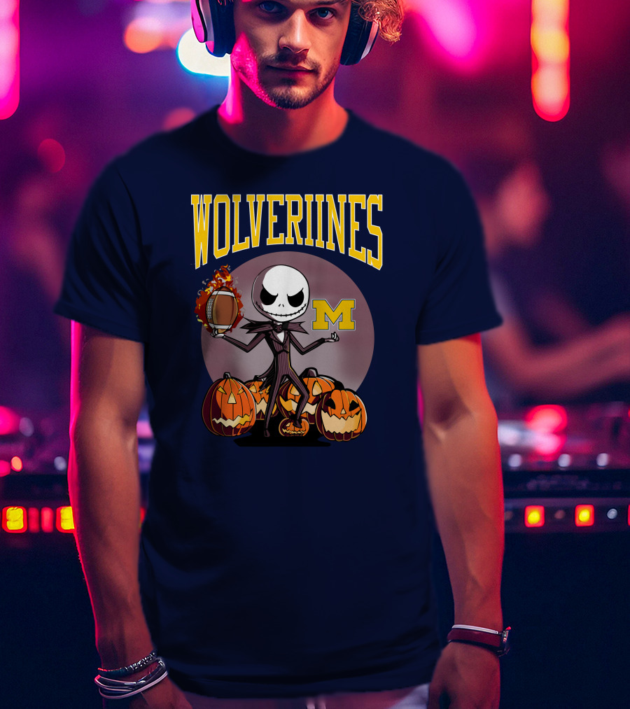 Michigan Wolverines Halloween Jack Skellington Football Pumpkins T-Shirt
