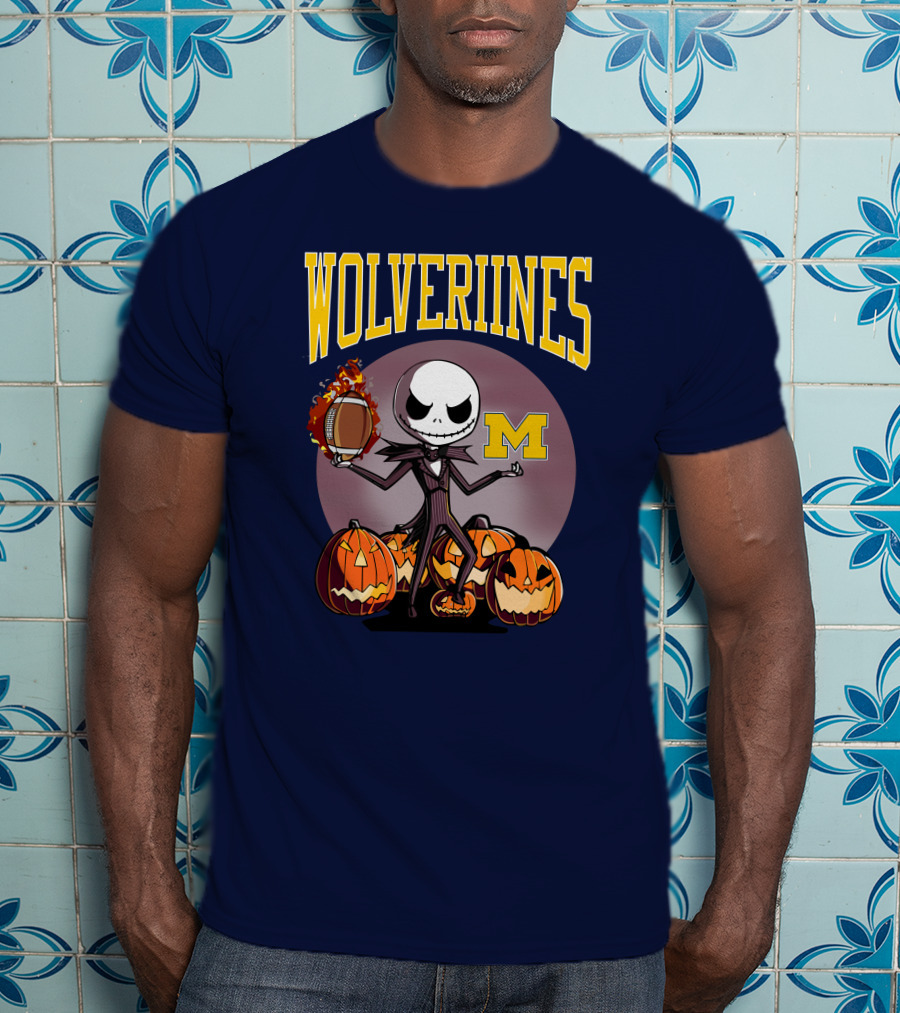 Michigan Wolverines Halloween Jack Skellington Football Pumpkins T-Shirt
