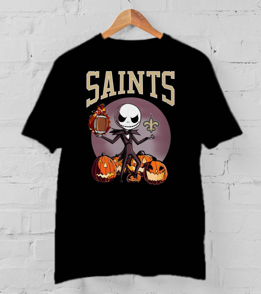 New Orleans Saints Jack Skellington Halloween Pumpkins Football Fleur-de-Lis T-Shirt
