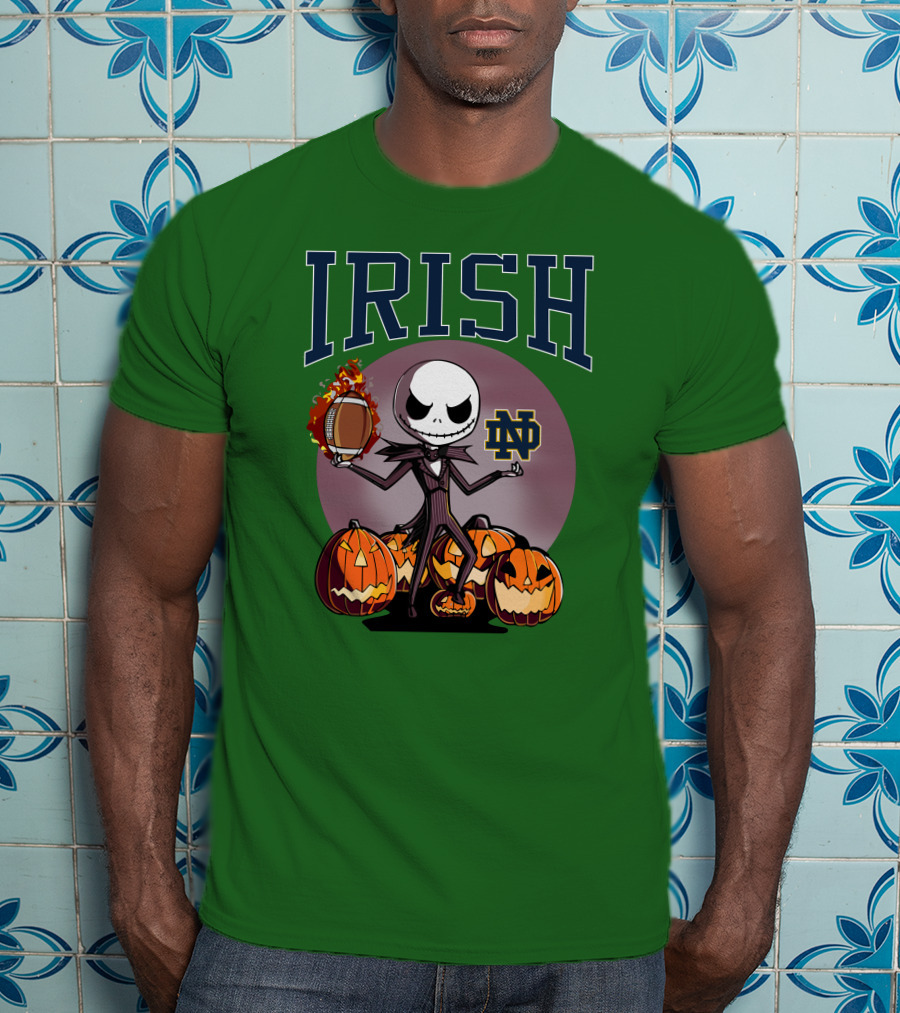 Irish Notre Dame Jack Skellington Halloween Football Pumpkins T-Shirt