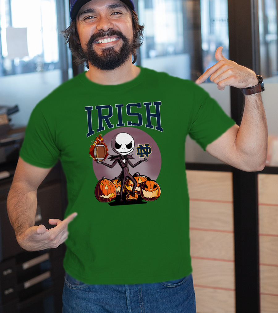 Irish Notre Dame Jack Skellington Halloween Football Pumpkins T-Shirt