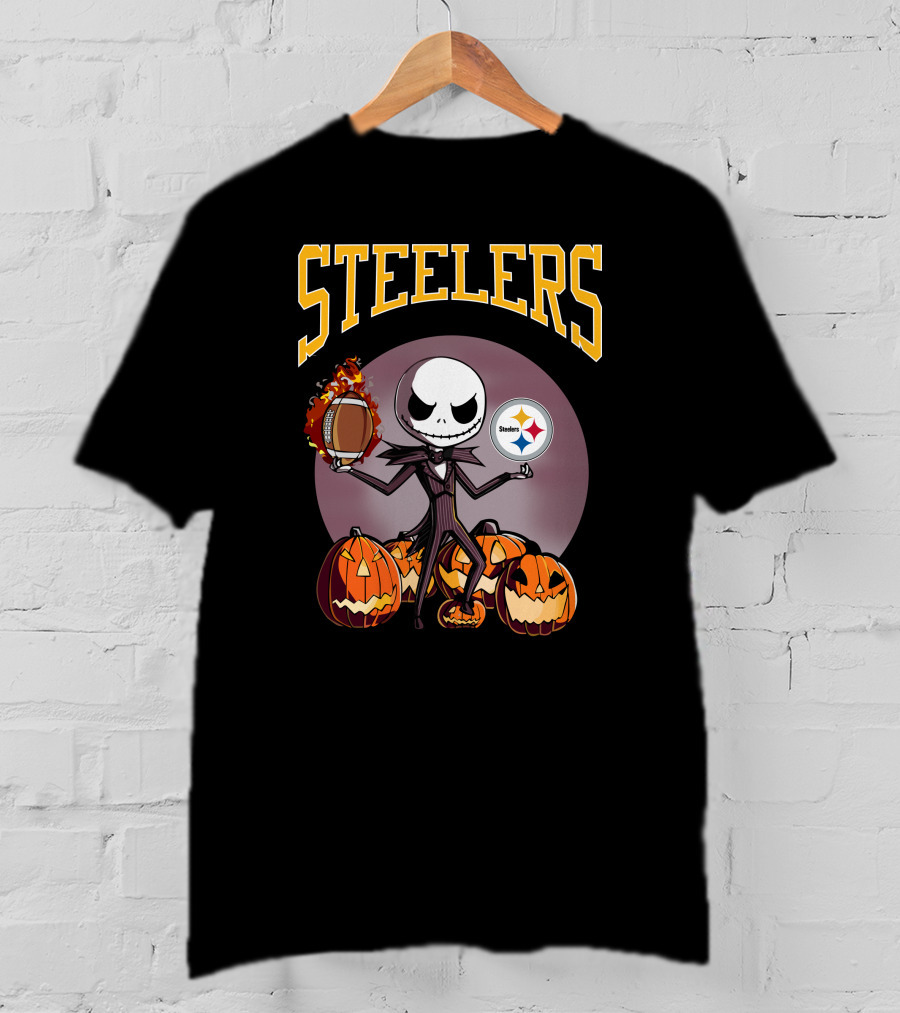 Steelers Jack Skellington Holding Football With Pumpkins And Pittsburgh Steelers T-Shirt