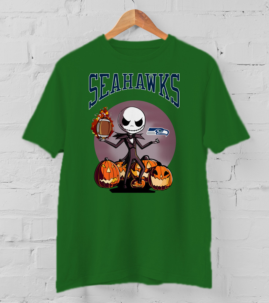 Seattle Seahawks Jack Skellington Halloween NFL Football Pumpkins T-Shirt