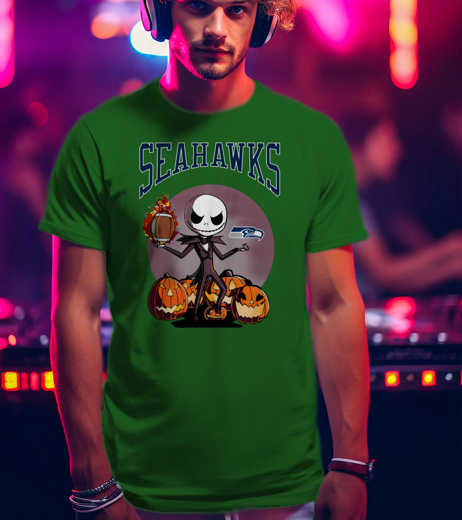 Seattle Seahawks Jack Skellington Halloween NFL Football Pumpkins T-Shirt