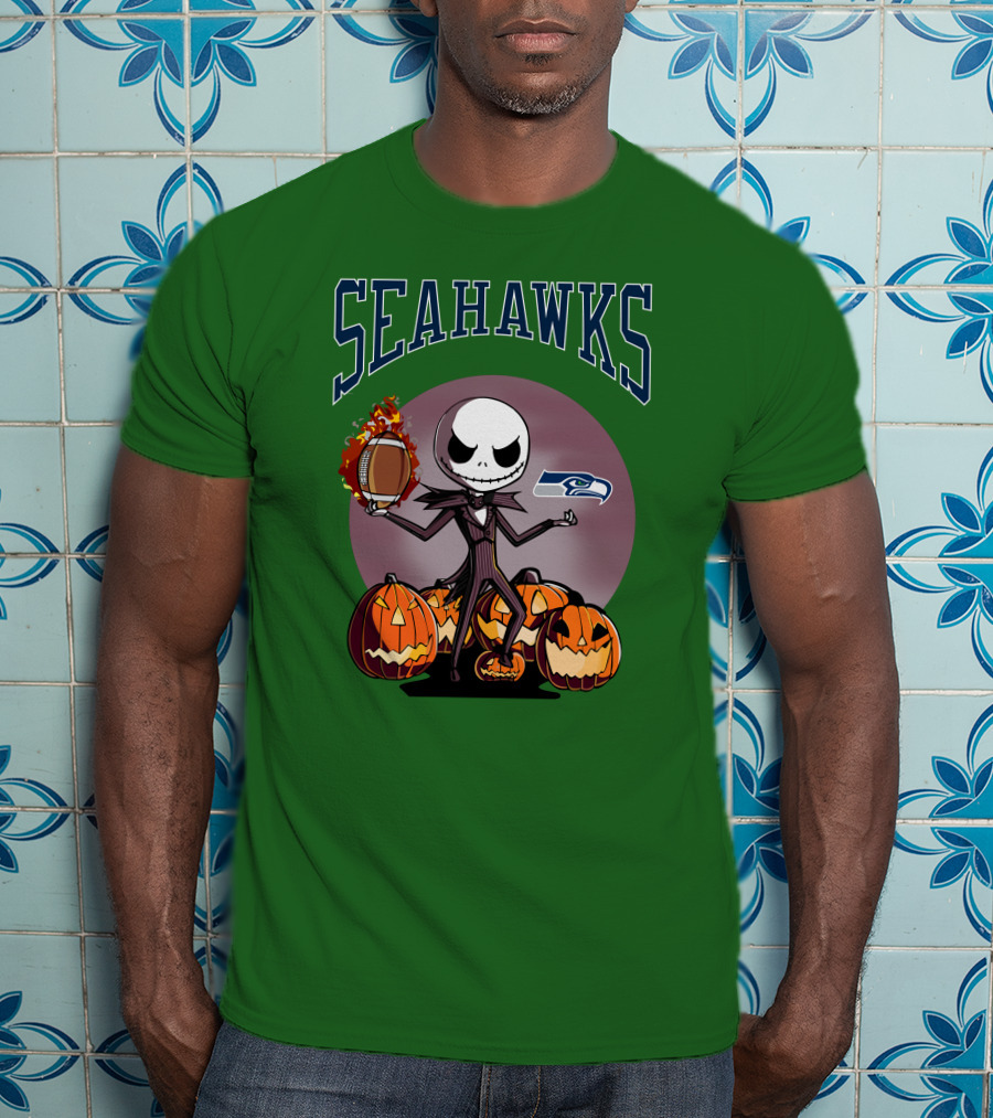 Seattle Seahawks Jack Skellington Halloween NFL Football Pumpkins T-Shirt