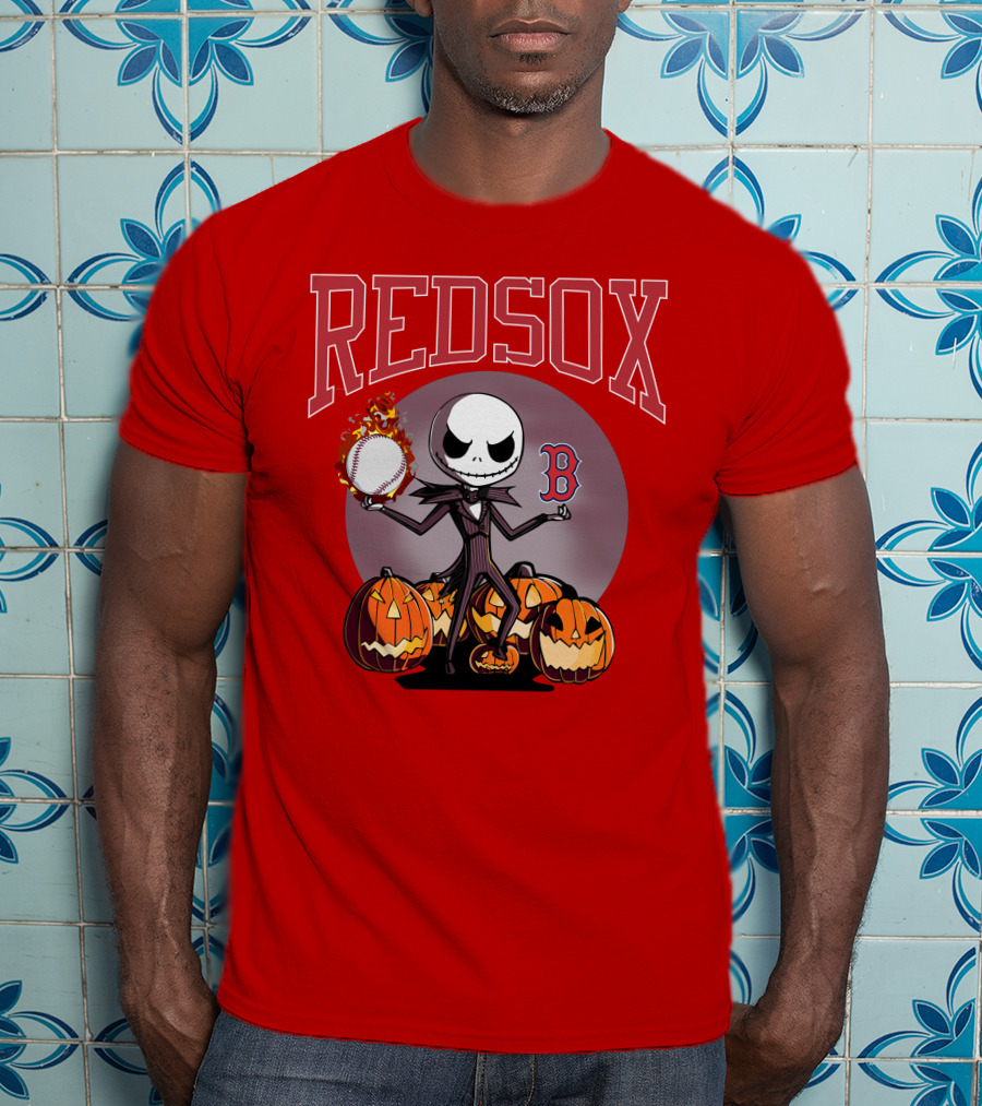 Red Sox Jack Skellington Halloween Pumpkins Baseball T-Shirt