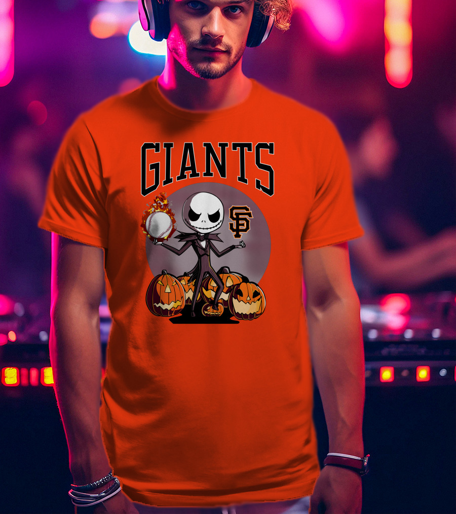 Giants Jack Skellington SF Logo Halloween Pumpkins Baseball T-Shirt