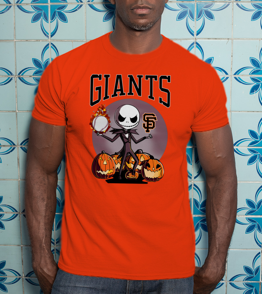 Giants Jack Skellington SF Logo Halloween Pumpkins Baseball T-Shirt