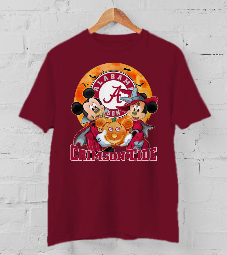 Alabama Crimson Tide Mickey Mouse Minnie Mouse Halloween Pumpkin Circle T-Shirt