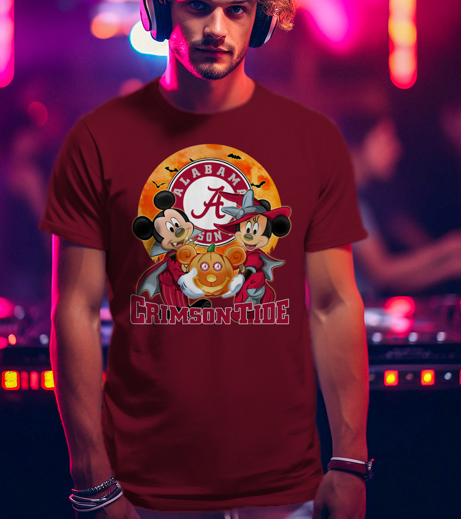 Alabama Crimson Tide Mickey Mouse Minnie Mouse Halloween Pumpkin Circle T-Shirt