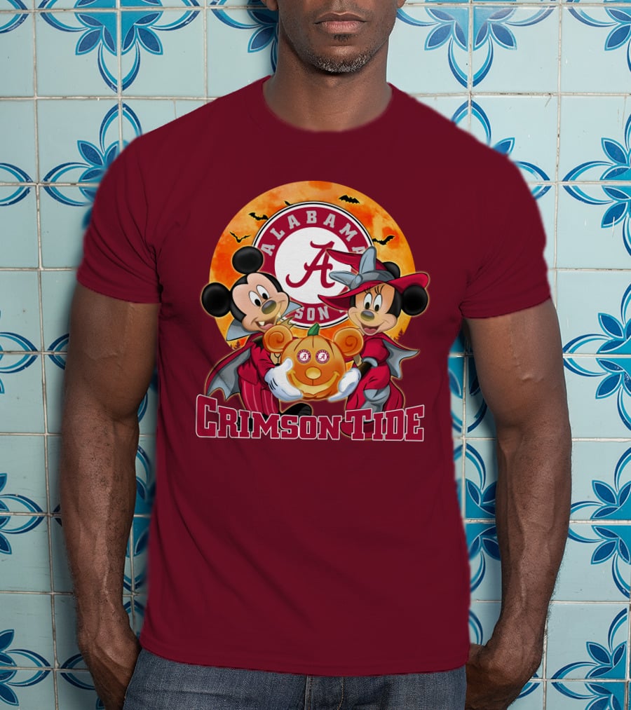 Alabama Crimson Tide Mickey Mouse Minnie Mouse Halloween Pumpkin Circle T-Shirt