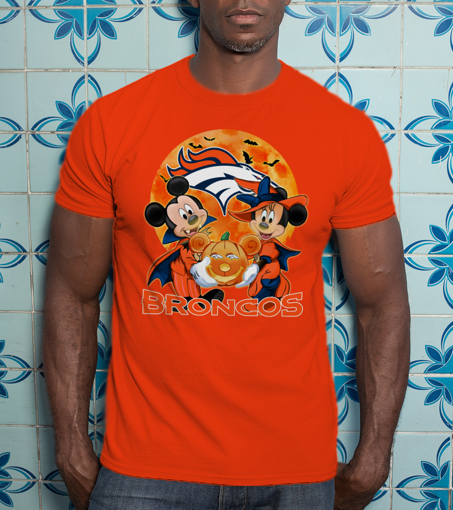 Denver Broncos Mickey Mouse And Minnie Mouse Halloween Broncos T-Shirt