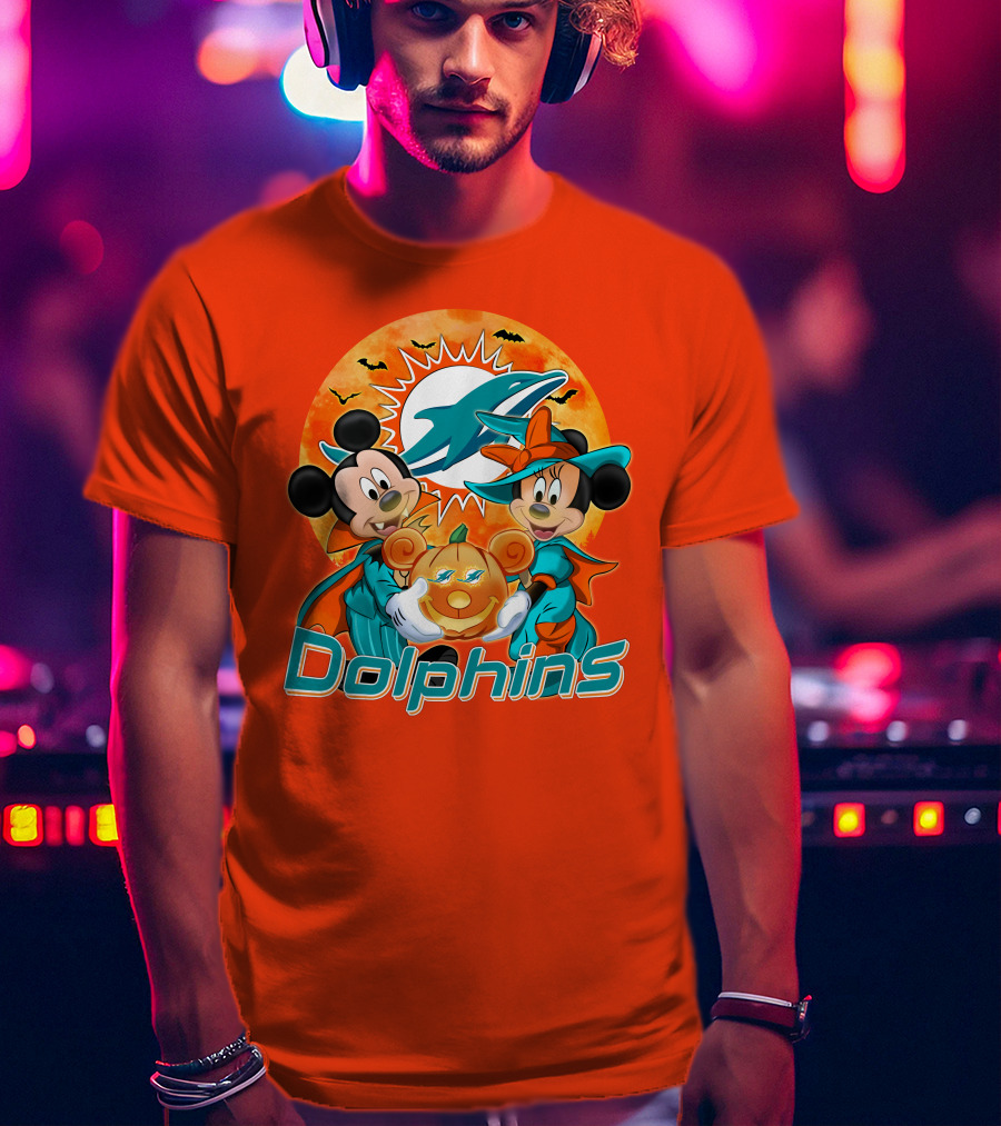 Miami Dolphins Mickey Minnie Halloween Pumpkin Bats T-Shirt