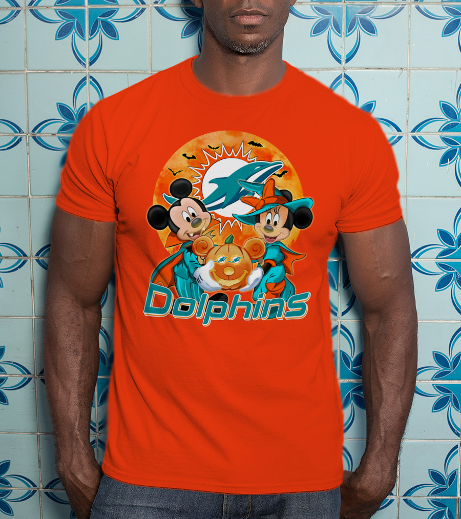 Miami Dolphins Mickey Minnie Halloween Pumpkin Bats T-Shirt