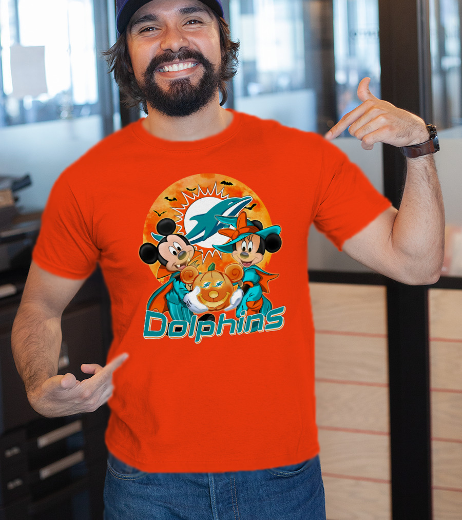 Miami Dolphins Mickey Minnie Halloween Pumpkin Bats T-Shirt