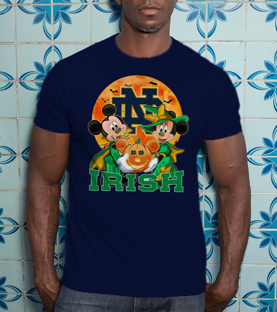 Notre Dame Fighting Irish Mickey Mouse Minnie Mouse Halloween Irish Pumpkin T-Shirt