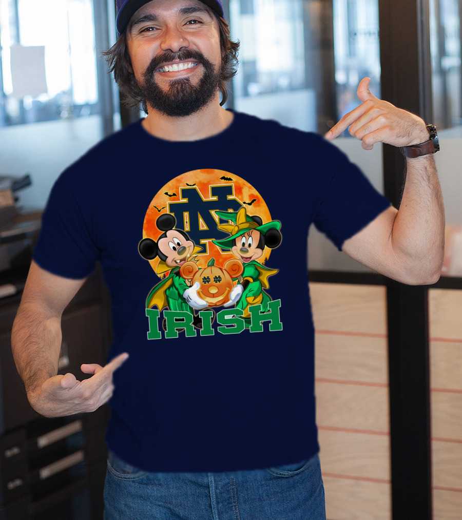 Notre Dame Fighting Irish Mickey Mouse Minnie Mouse Halloween Irish Pumpkin T-Shirt