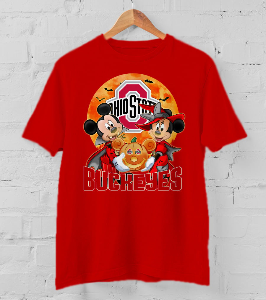 Ohio State Buckeyes Mickey Mouse Minnie Mouse Halloween Pumpkin T-Shirt