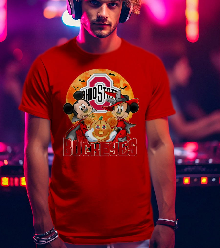 Ohio State Buckeyes Mickey Mouse Minnie Mouse Halloween Pumpkin T-Shirt