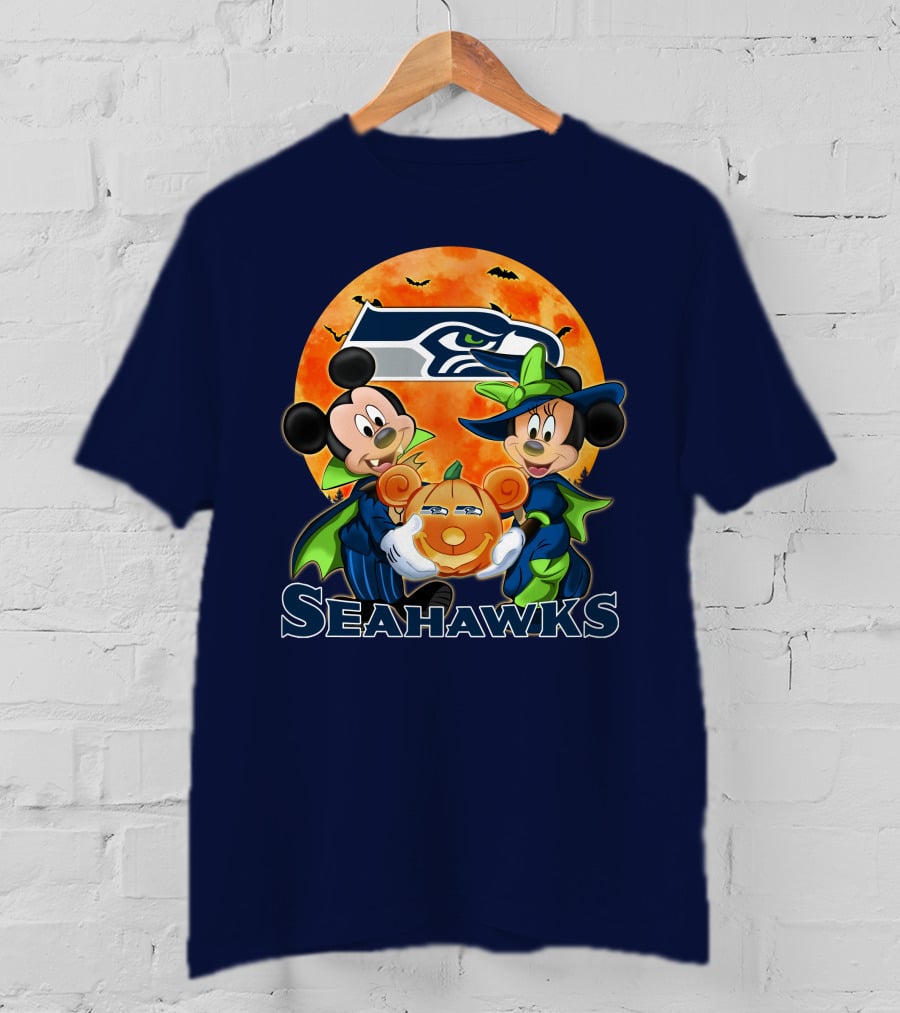 Seattle Seahawks Mickey Mouse And Minnie Mouse Halloween Pumpkin T-Shirt