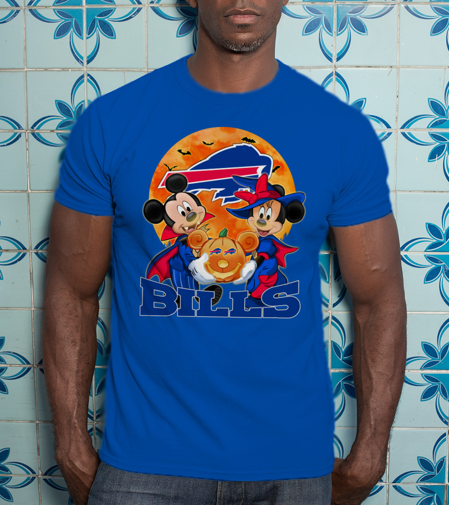 Buffalo Bills Halloween Mickey Mouse And Minnie Mouse Pumpkin T-Shirt