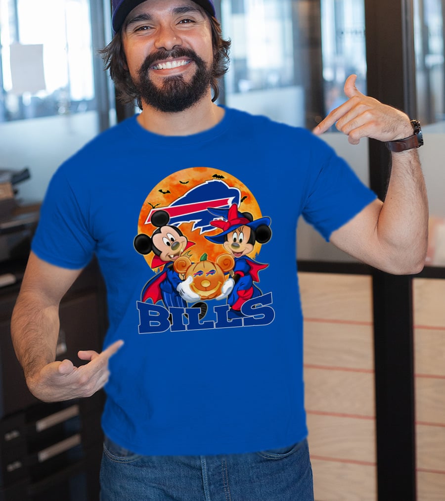 Buffalo Bills Halloween Mickey Mouse And Minnie Mouse Pumpkin T-Shirt