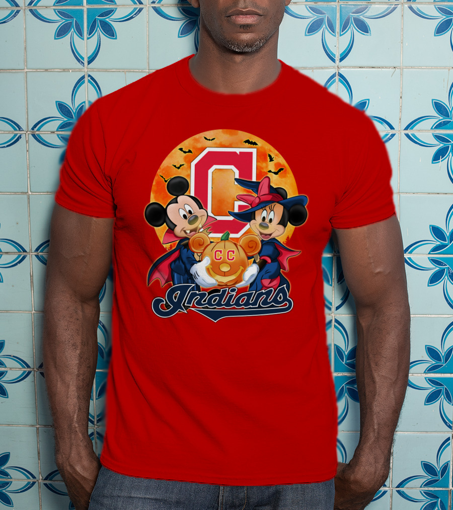 Cleveland Indians Mickey Mouse Minnie Mouse Halloween C Logo Pumpkin T-Shirt