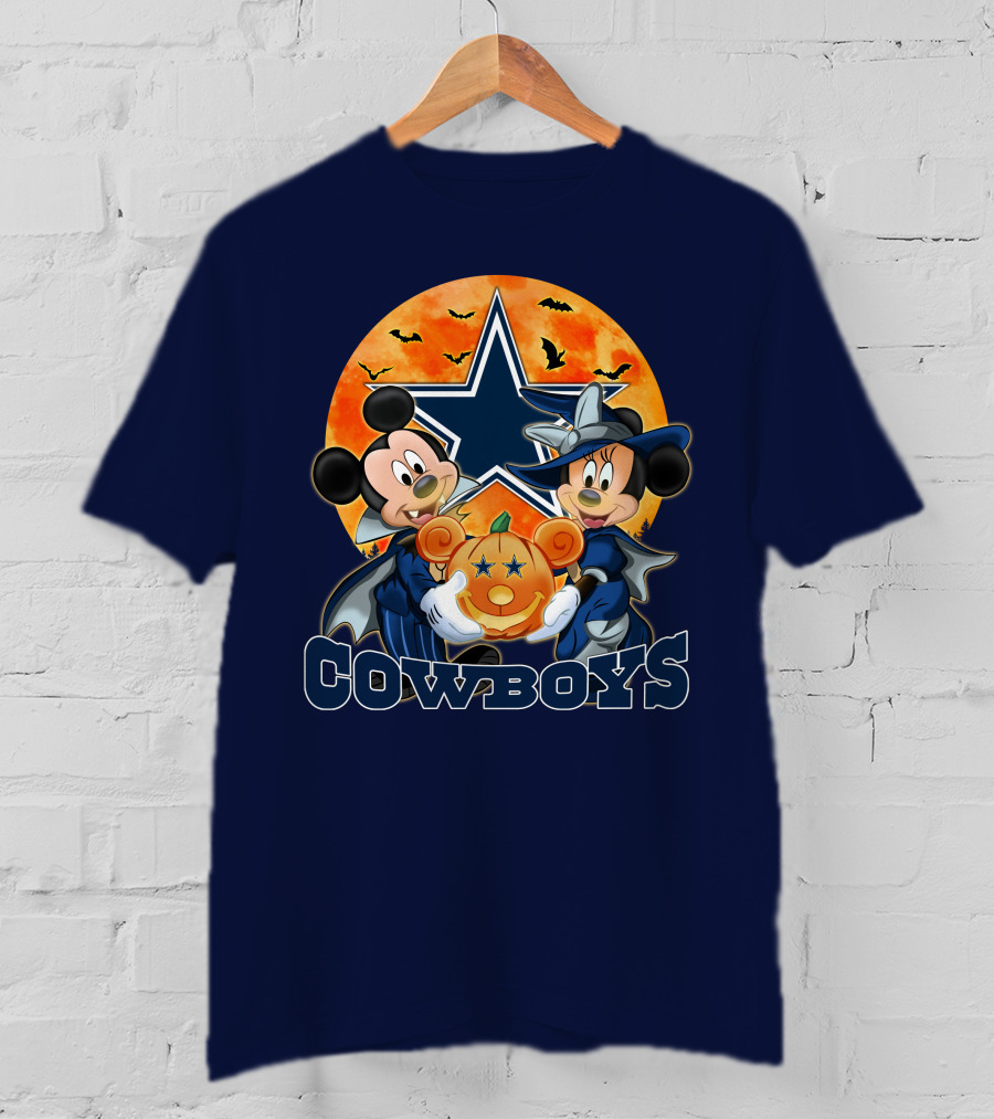 Cowboys Halloween Mickey Mouse And Minnie Mouse With Pumpkin Dallas T-Shirt