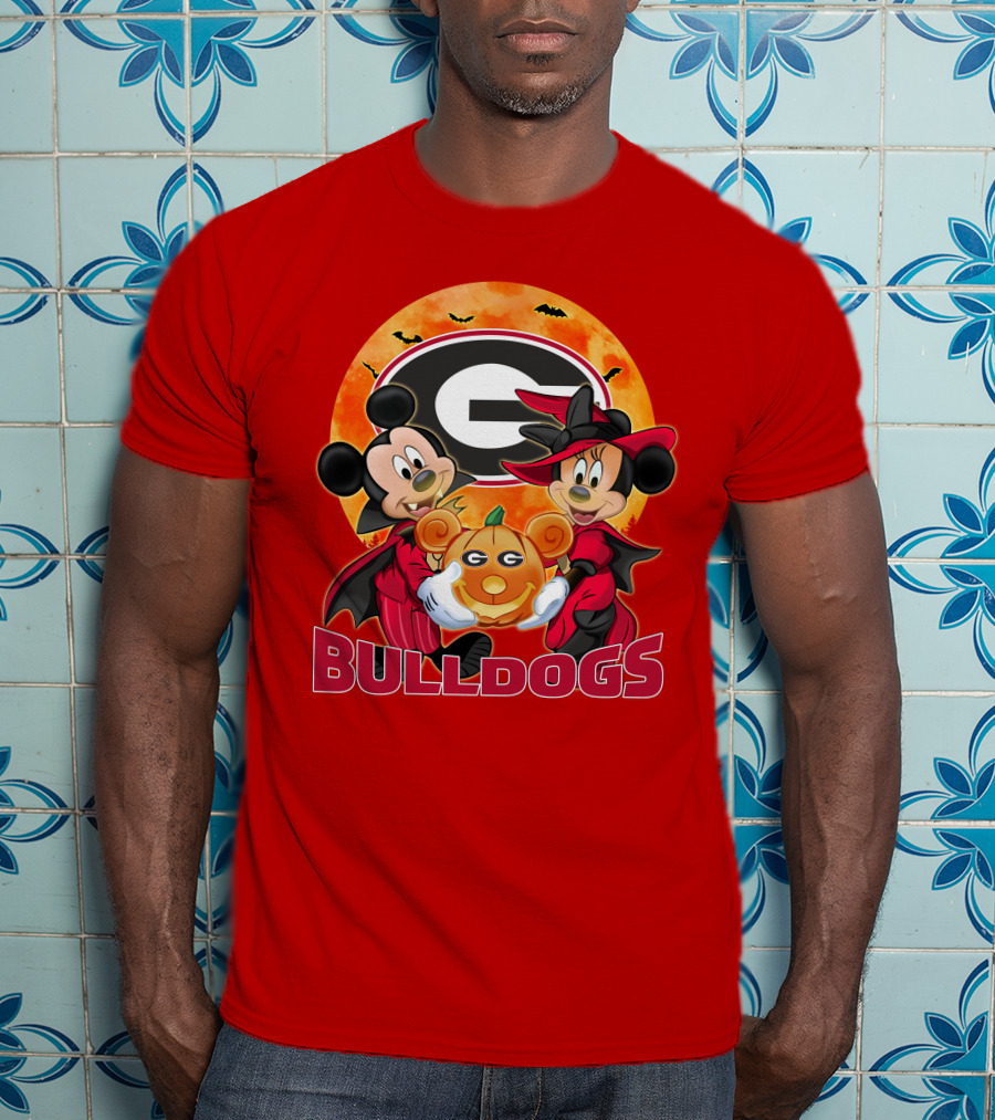 Georgia Bulldogs Mickey And Minnie Mouse Halloween Pumpkin T-Shirt