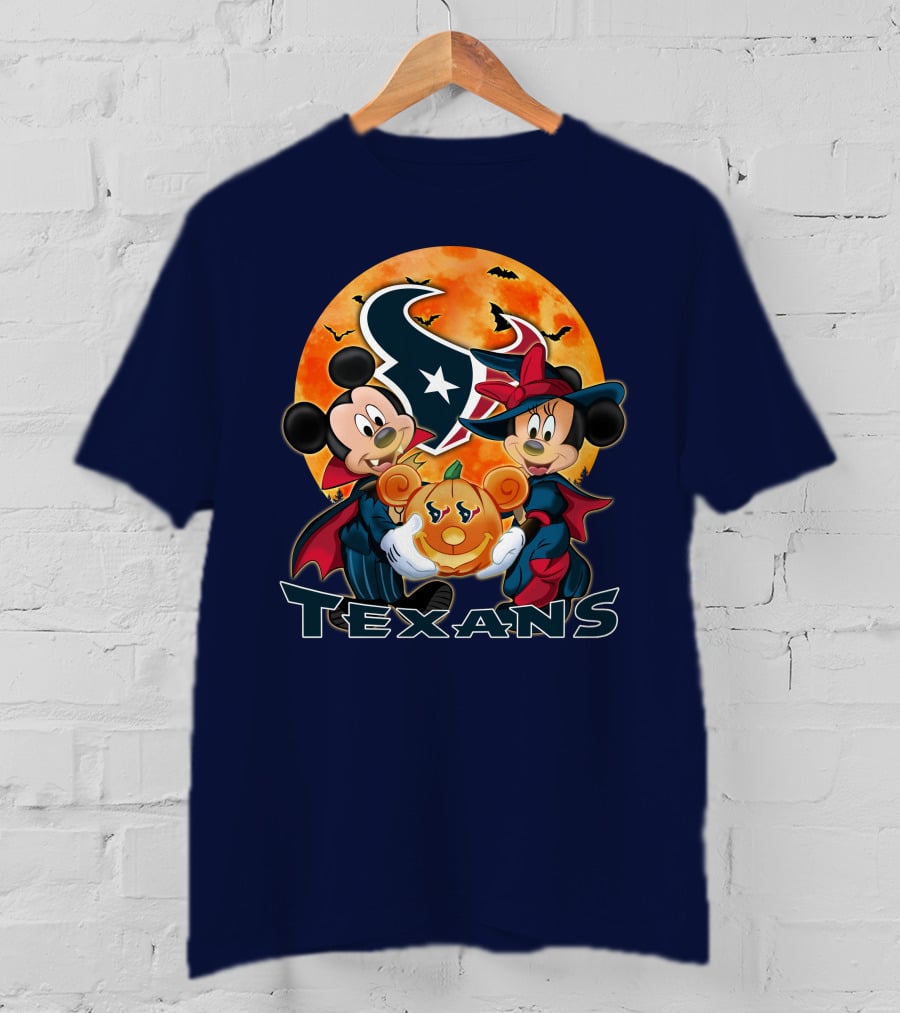 Houston Texans Mickey Mouse And Minnie Mouse Halloween Pumpkin Moon Bats T-Shirt