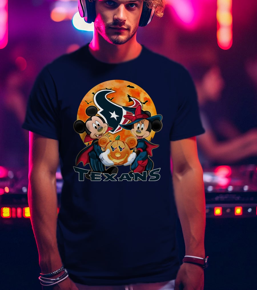 Houston Texans Mickey Mouse And Minnie Mouse Halloween Pumpkin Moon Bats T-Shirt
