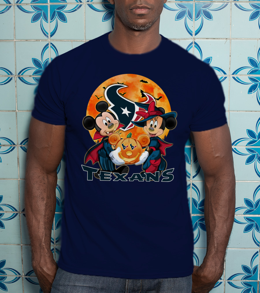 Houston Texans Mickey Mouse And Minnie Mouse Halloween Pumpkin Moon Bats T-Shirt