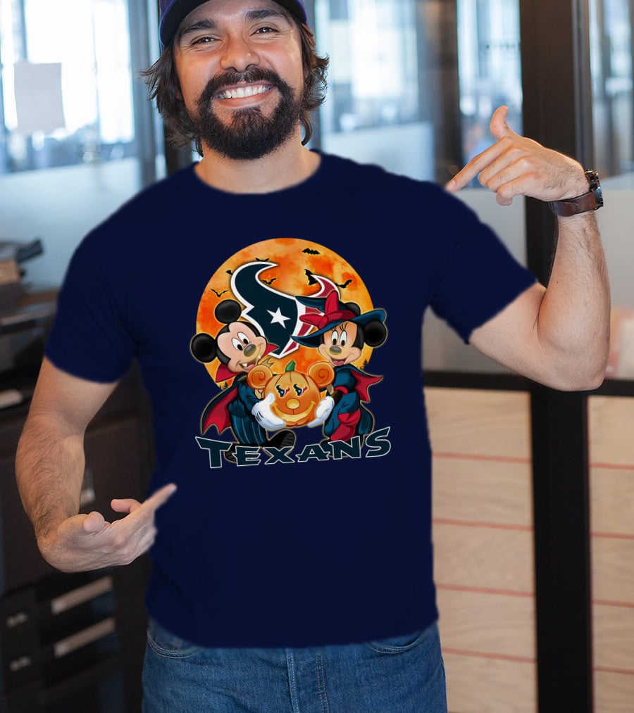 Houston Texans Mickey Mouse And Minnie Mouse Halloween Pumpkin Moon Bats T-Shirt