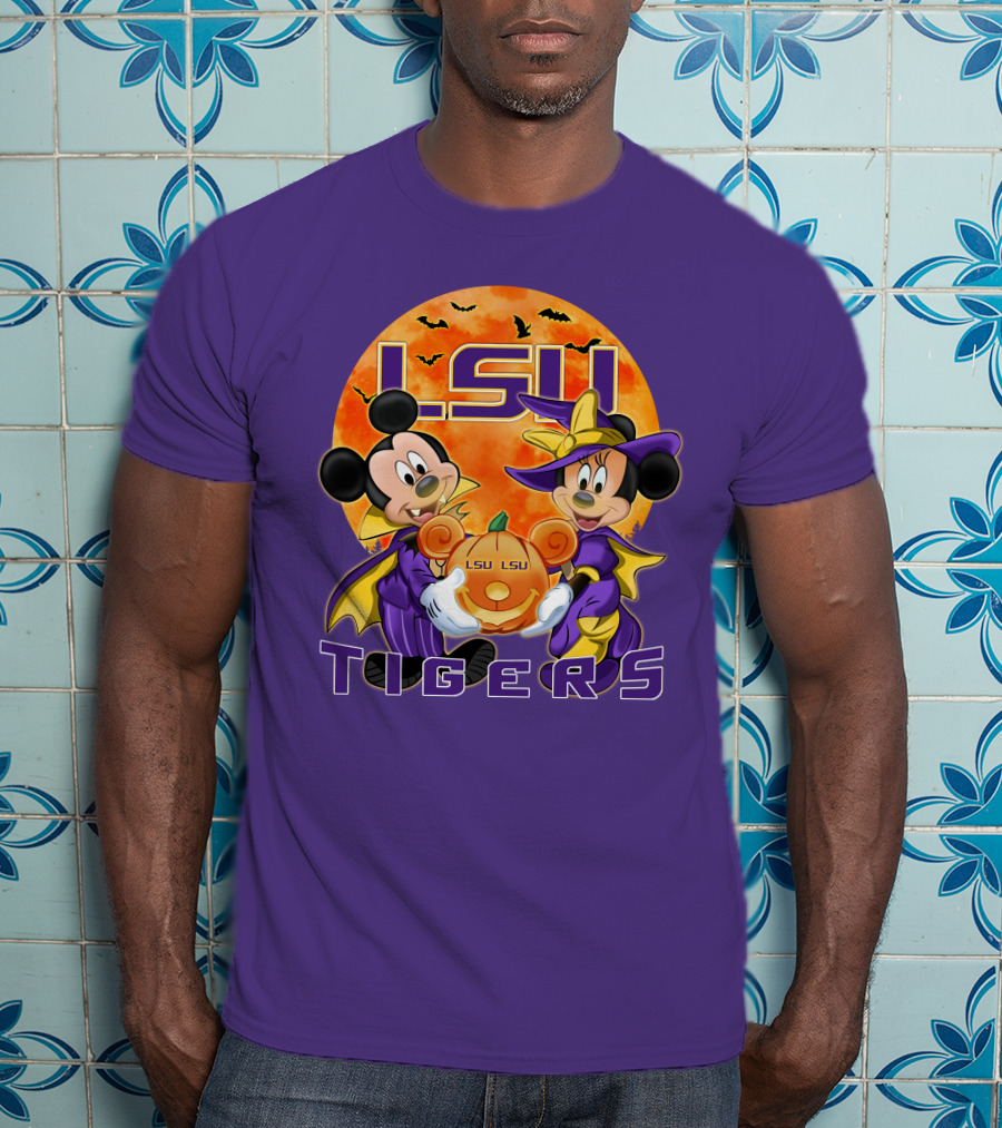 LSU Tigers Mickey Mouse And Minnie Mouse Halloween Pumpkin T-Shirt