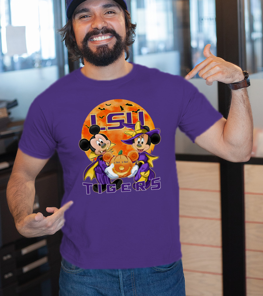 LSU Tigers Mickey Mouse And Minnie Mouse Halloween Pumpkin T-Shirt