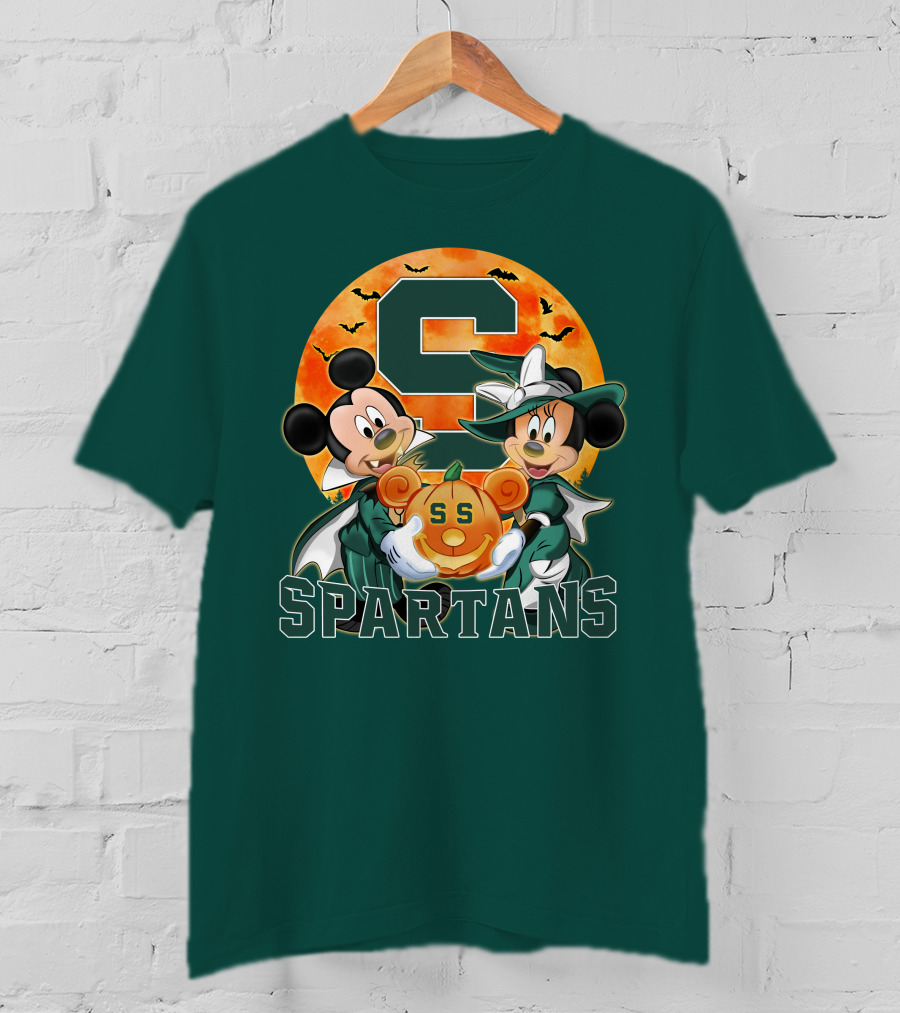 Michigan State Spartans Mickey Mouse Minnie Mouse Halloween Pumpkin Moon Bats T-Shirt