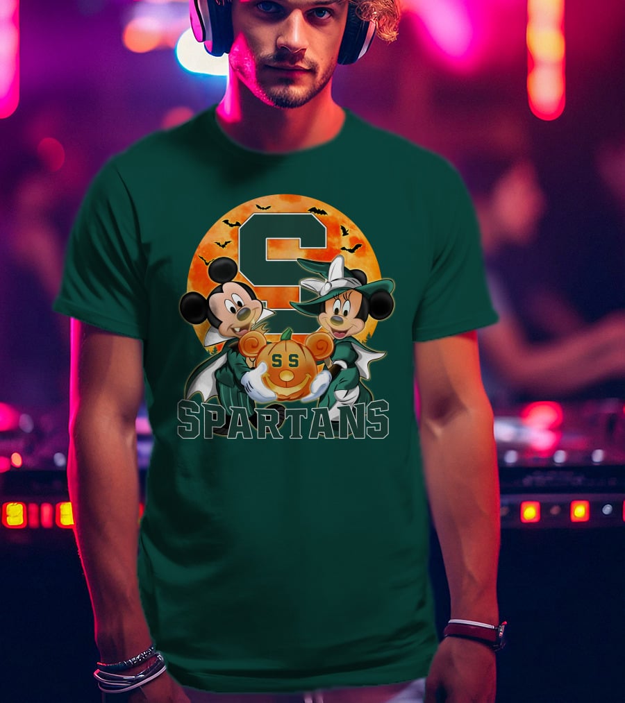 Michigan State Spartans Mickey Mouse Minnie Mouse Halloween Pumpkin Moon Bats T-Shirt