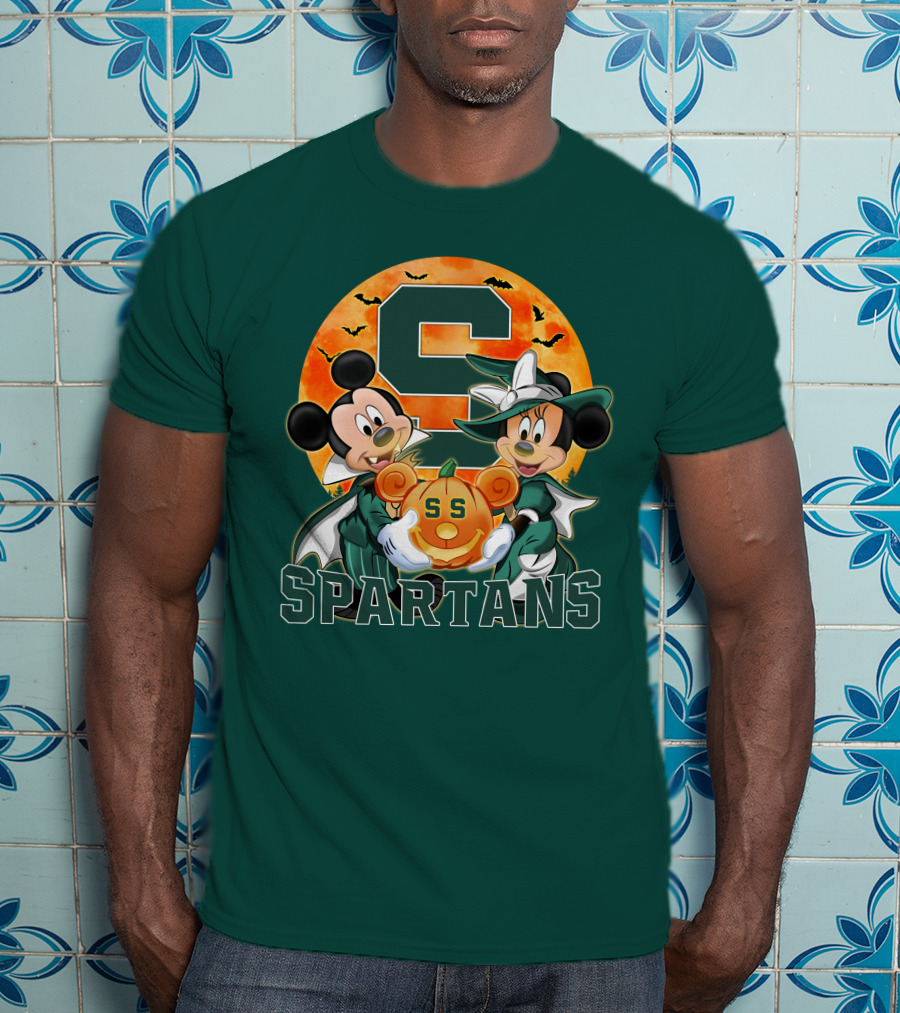 Michigan State Spartans Mickey Mouse Minnie Mouse Halloween Pumpkin Moon Bats T-Shirt