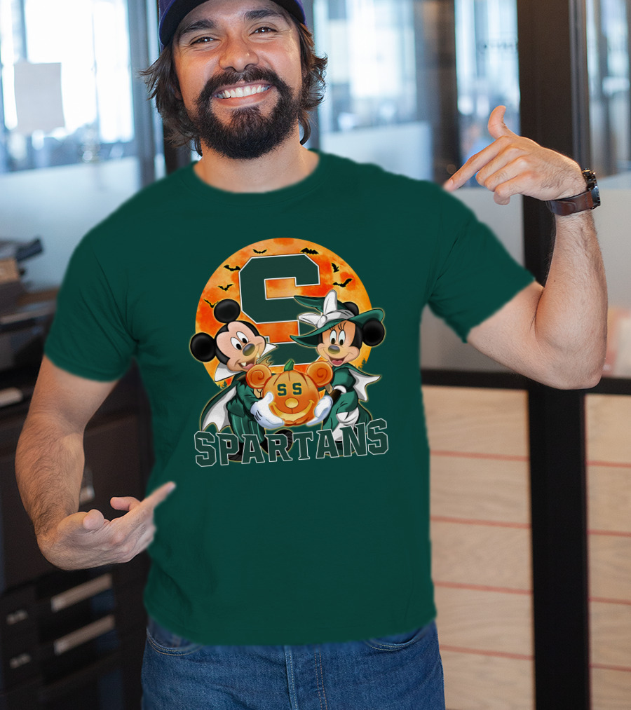 Michigan State Spartans Mickey Mouse Minnie Mouse Halloween Pumpkin Moon Bats T-Shirt