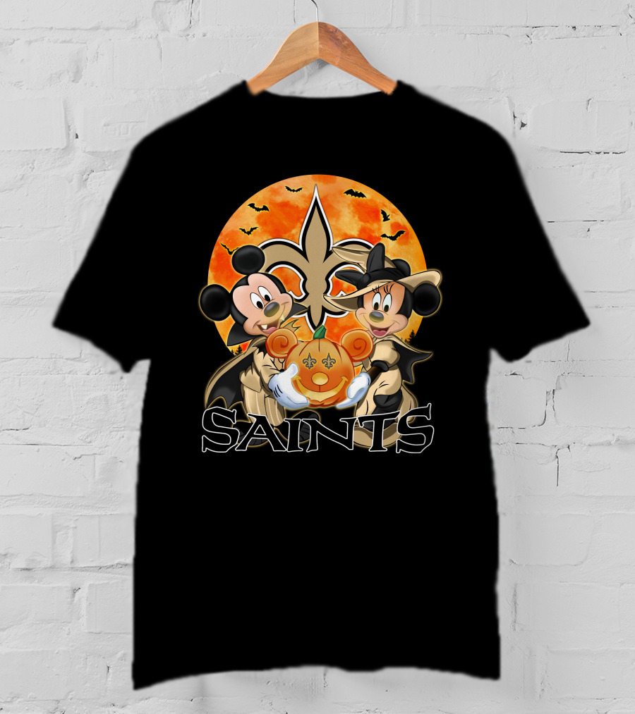 New Orleans Saints Mickey And Minnie Halloween Pumpkin Fleur-de-Lis T-Shirt