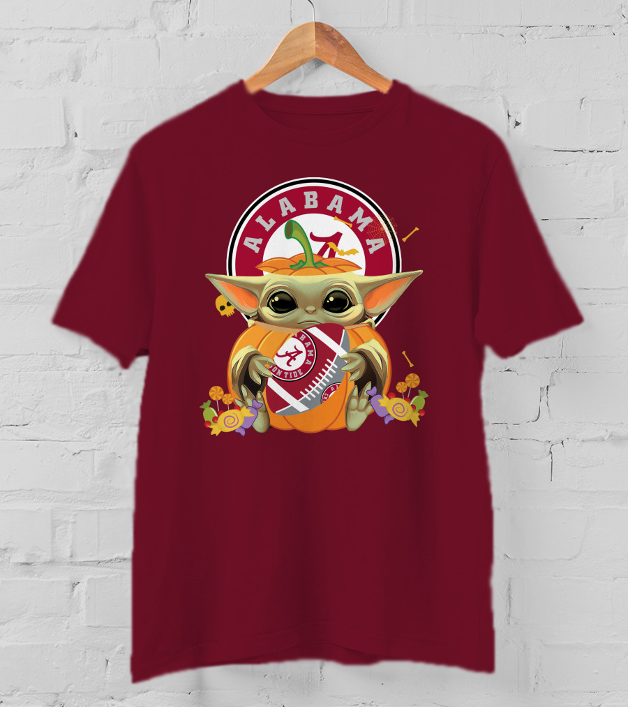 Halloween Pumpkin Baby Yoda Hug Alabama Crimson Tide Football T-Shirt