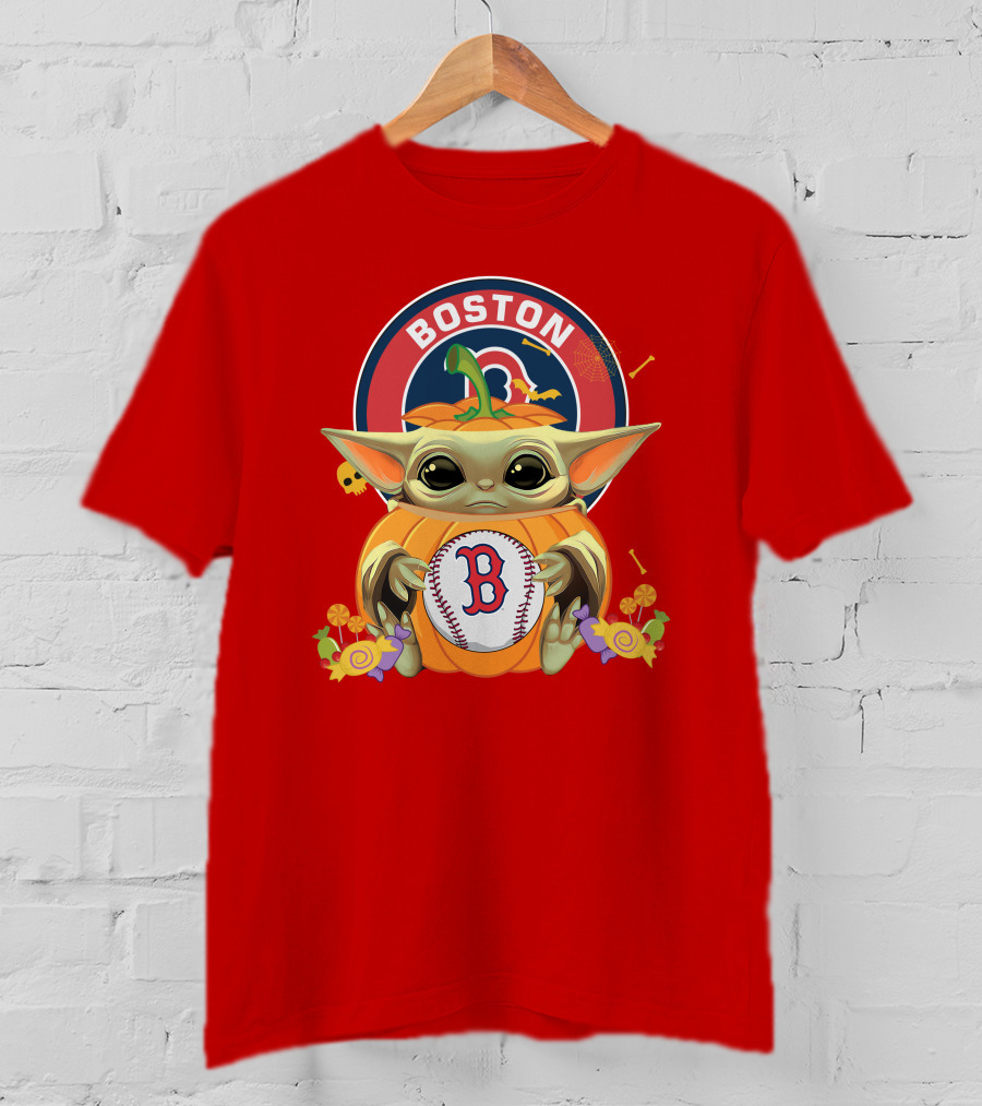 Boston Red Sox Halloween Baby Yoda Pumpkin Hug T-Shirt