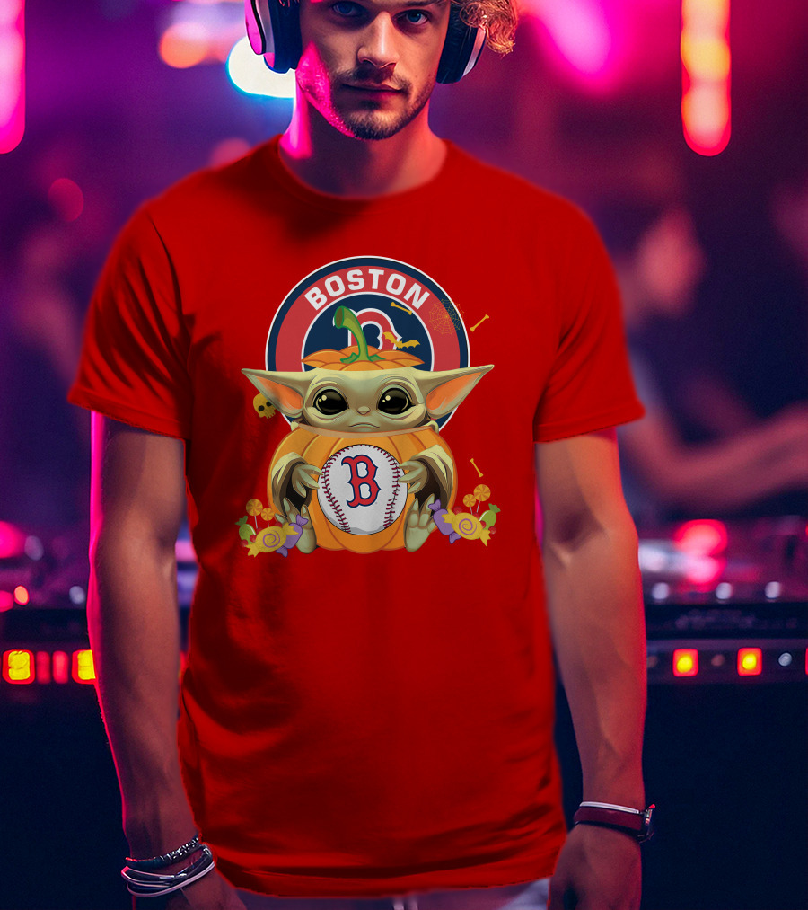 Boston Red Sox Halloween Baby Yoda Pumpkin Hug T-Shirt