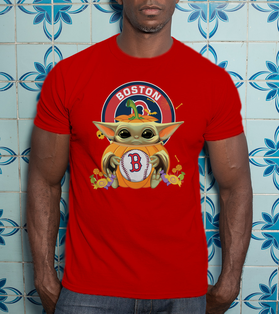 Boston Red Sox Halloween Baby Yoda Pumpkin Hug T-Shirt