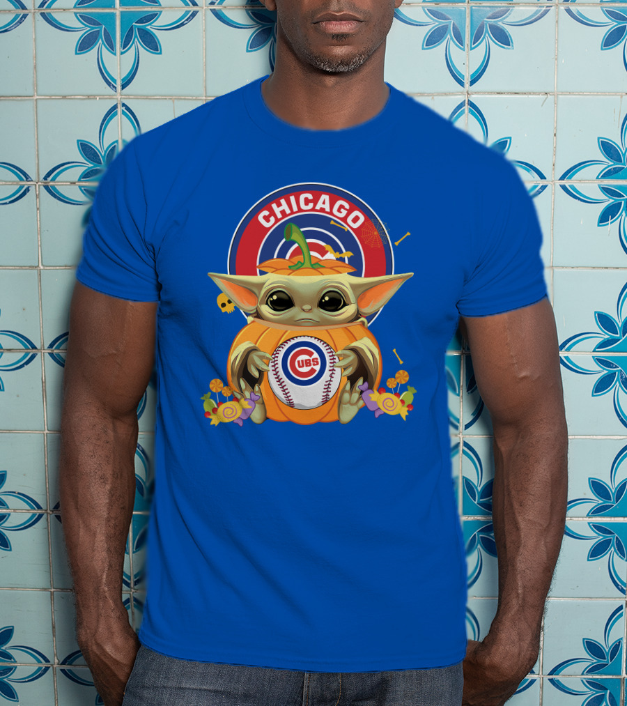 Halloween Pumpkin Baby Yoda Chicago Cubs Baseball Theme T-Shirt