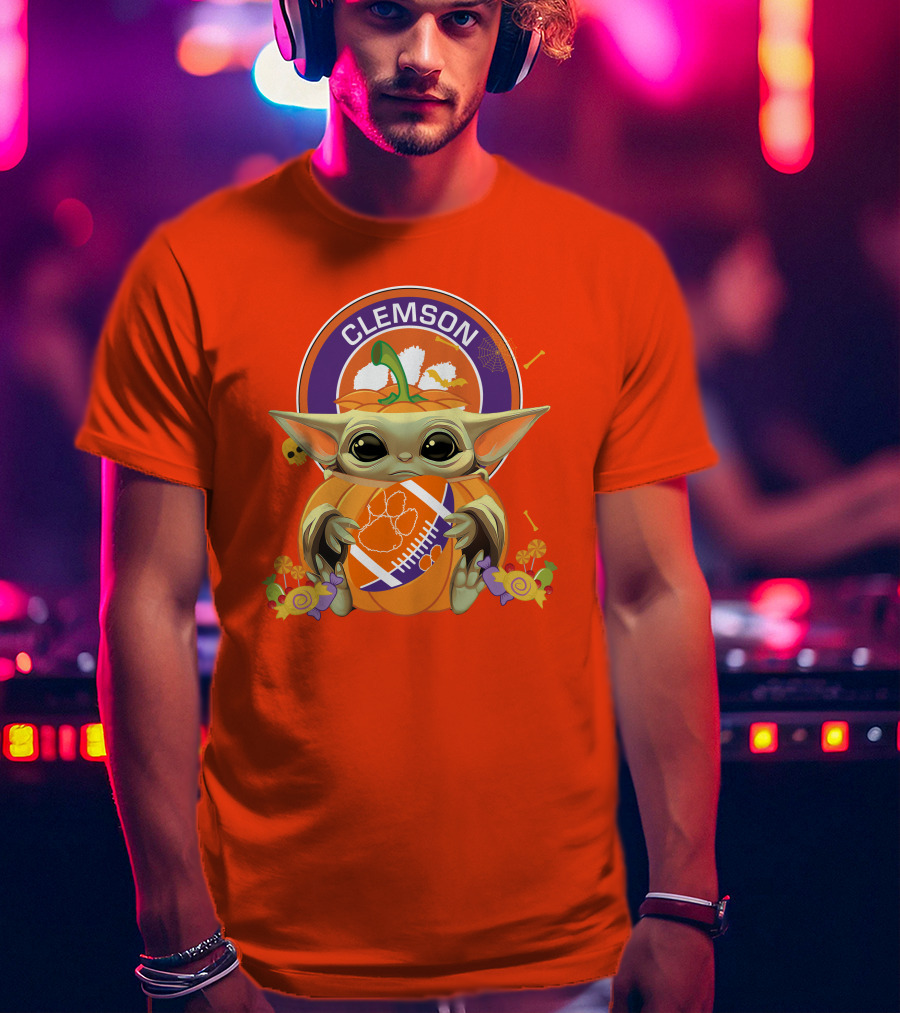Halloween Pumpkin Baby Yoda Clemson Tigers Football T-Shirt