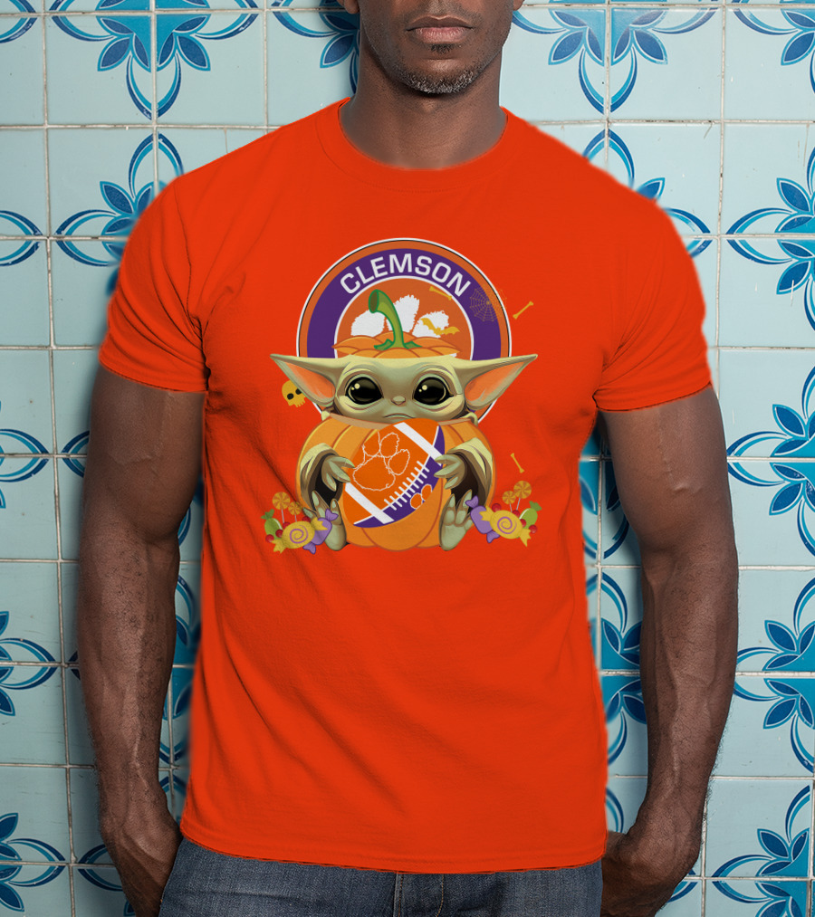 Halloween Pumpkin Baby Yoda Clemson Tigers Football T-Shirt