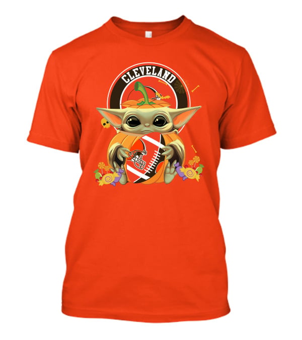 Cleveland Halloween Pumpkin Baby Yoda Holding Football T-Shirt