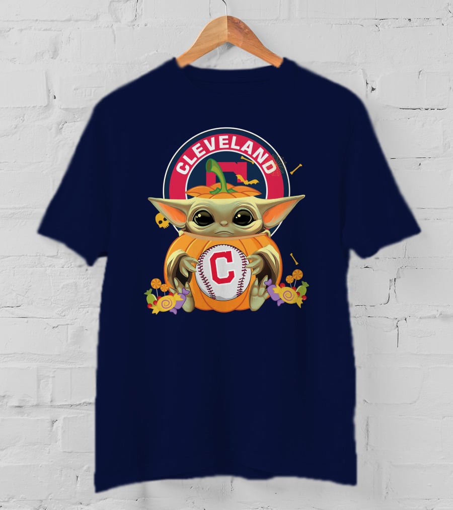 Halloween Pumpkin Baby Yoda Hug Cleveland Baseball Team T-Shirt